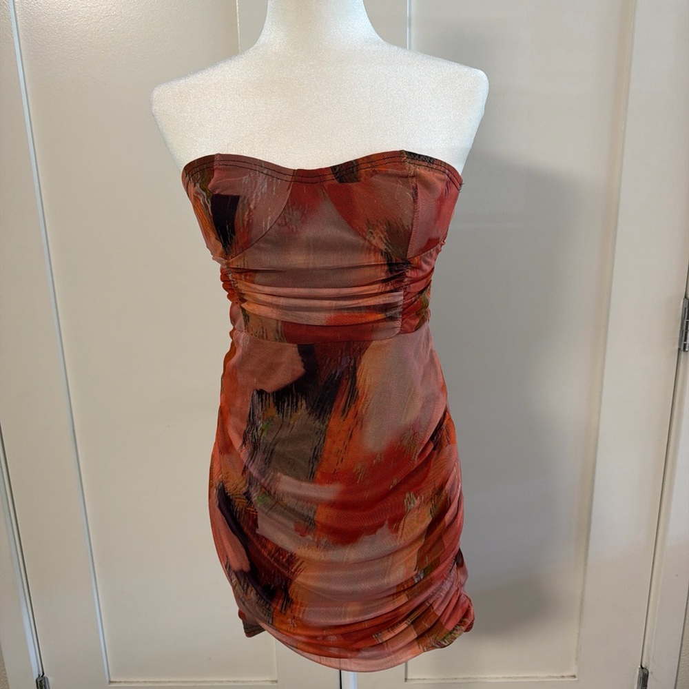 Princess Polly Rust & Black Strapless Abstract Ruched Mini Dress